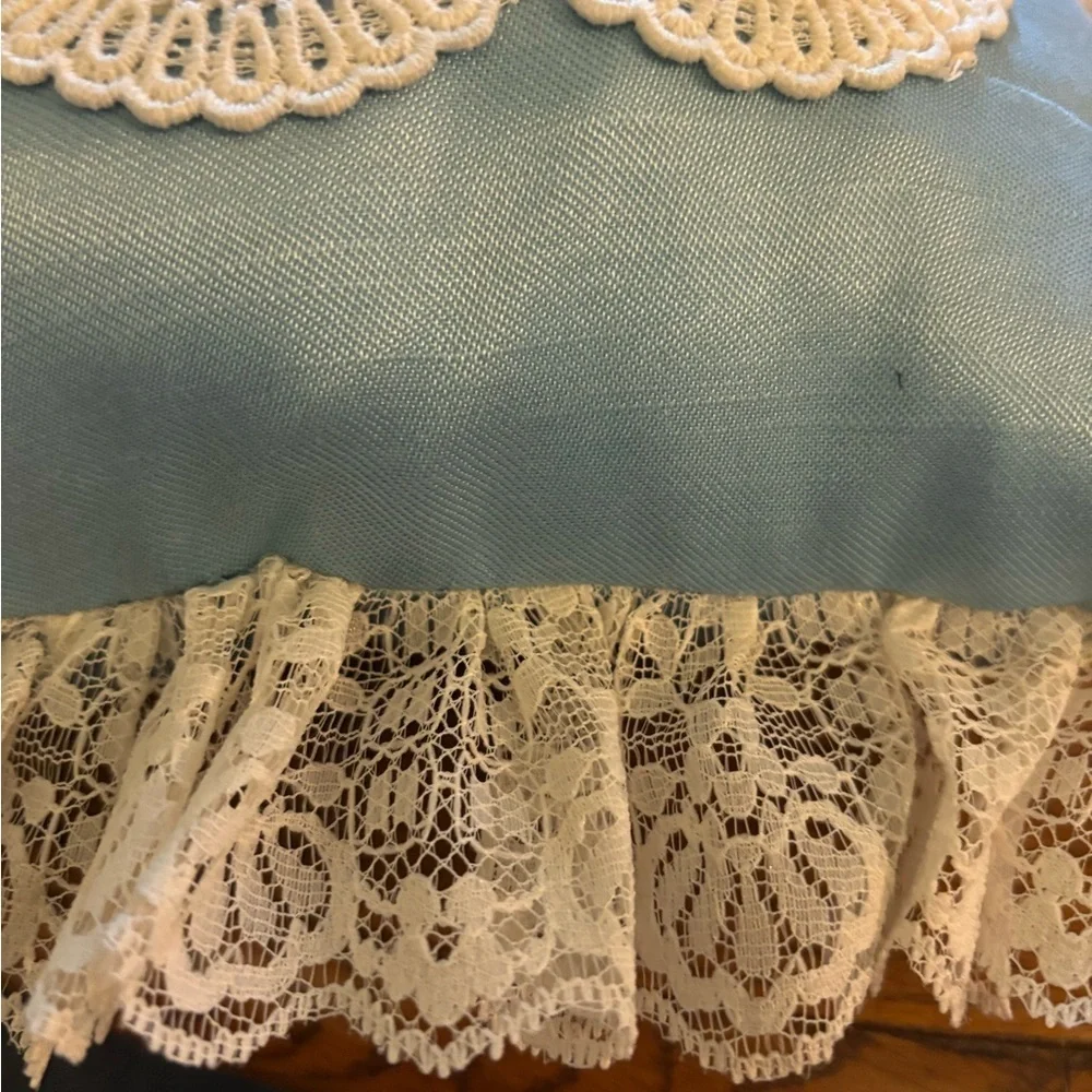 Handmade VTG Victorian Pillow Blue Cross-Stitch Doll Teddy Kitty Lace Trim